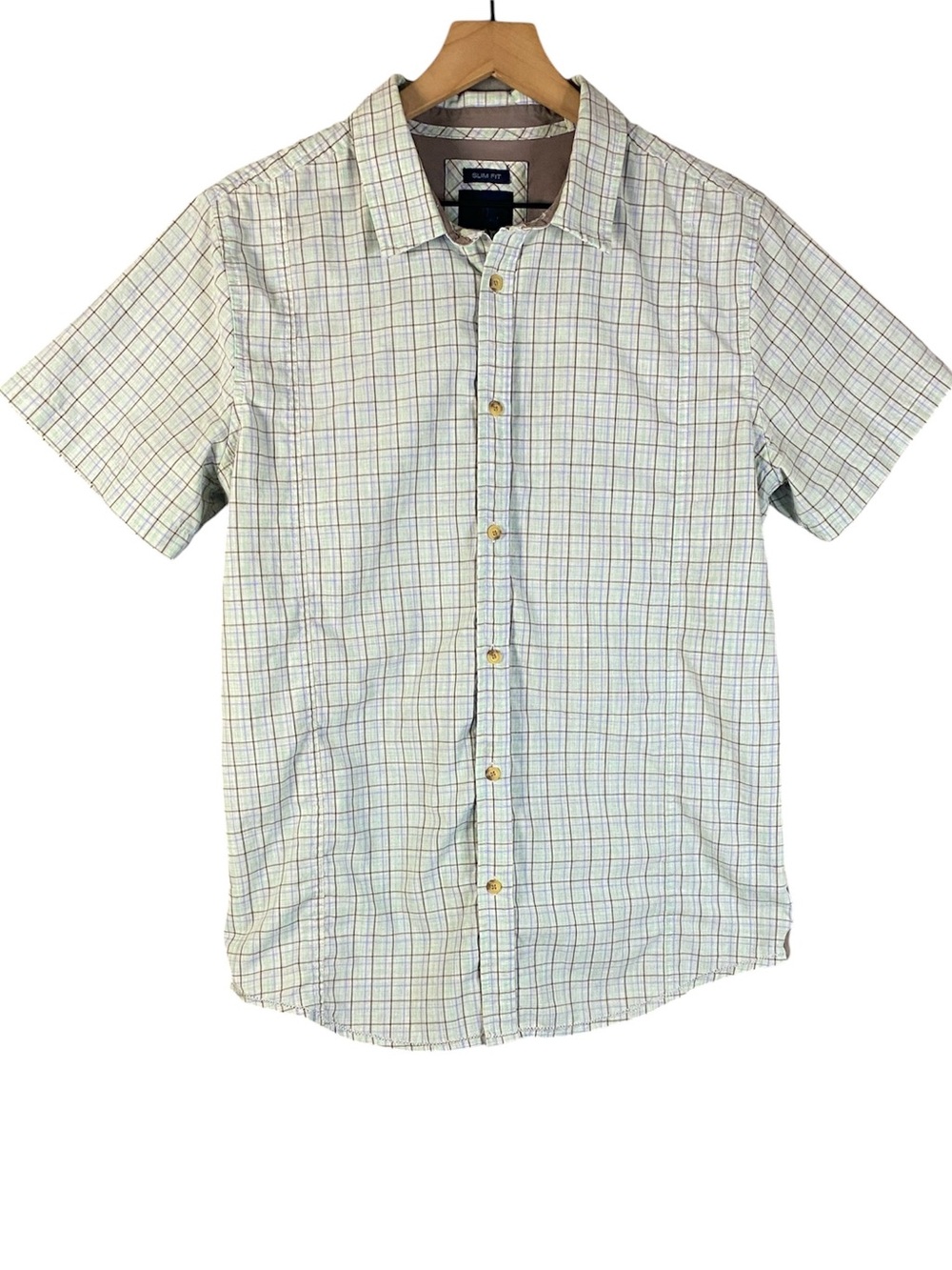 Prana Men's Short Sleeve Cyan Box Plaid Button Down Slim Fit Blue & Brown Size M